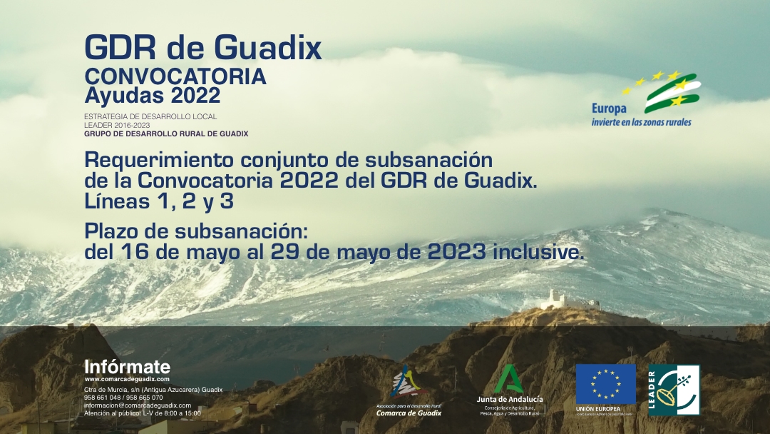 Publicado el Requerimiento conjunto de subsanación de la Convocatoria 2022 del GDR de Guadix: Líneas 1, 2 y 3